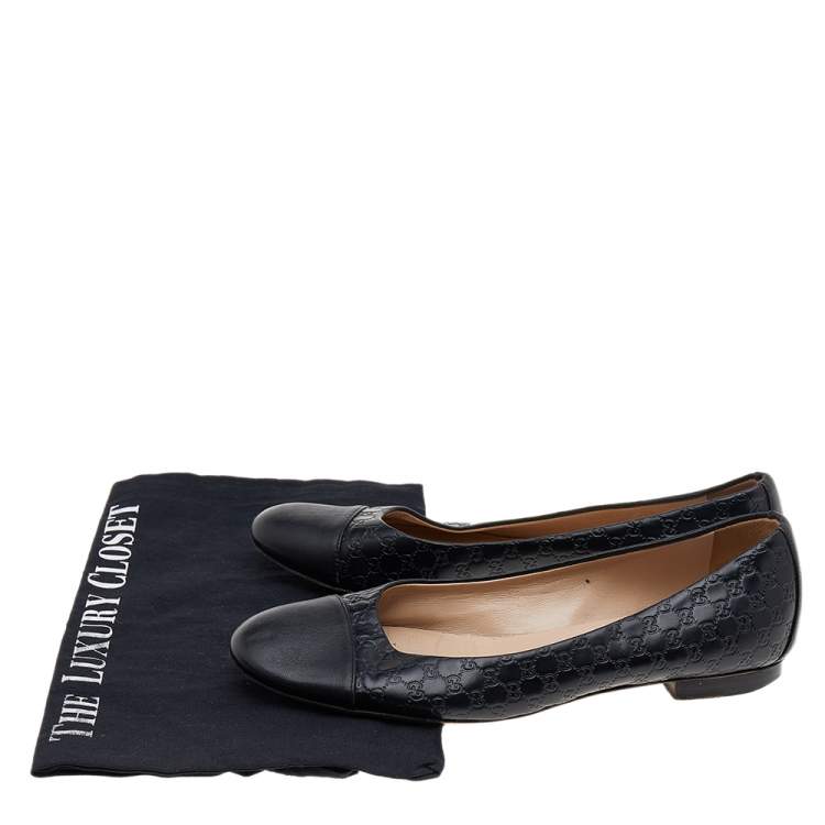 Pre Owned Gucci Black Microguccissima Leather Cap Toe Ballet Flats Size 37.5