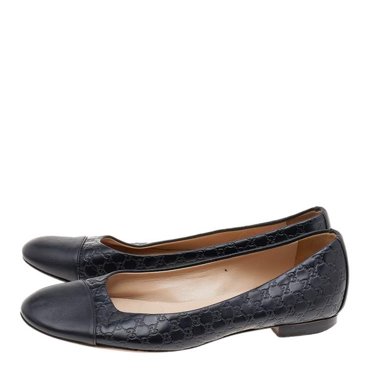 Pre Owned Gucci Black Microguccissima Leather Cap Toe Ballet Flats Size 37.5