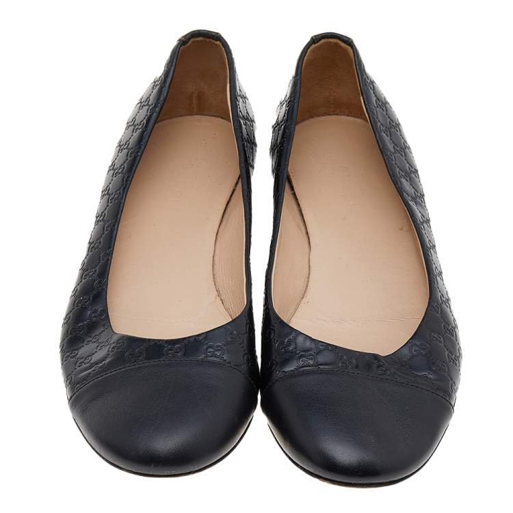 Pre Owned Gucci Black Microguccissima Leather Cap Toe Ballet Flats Size 37.5