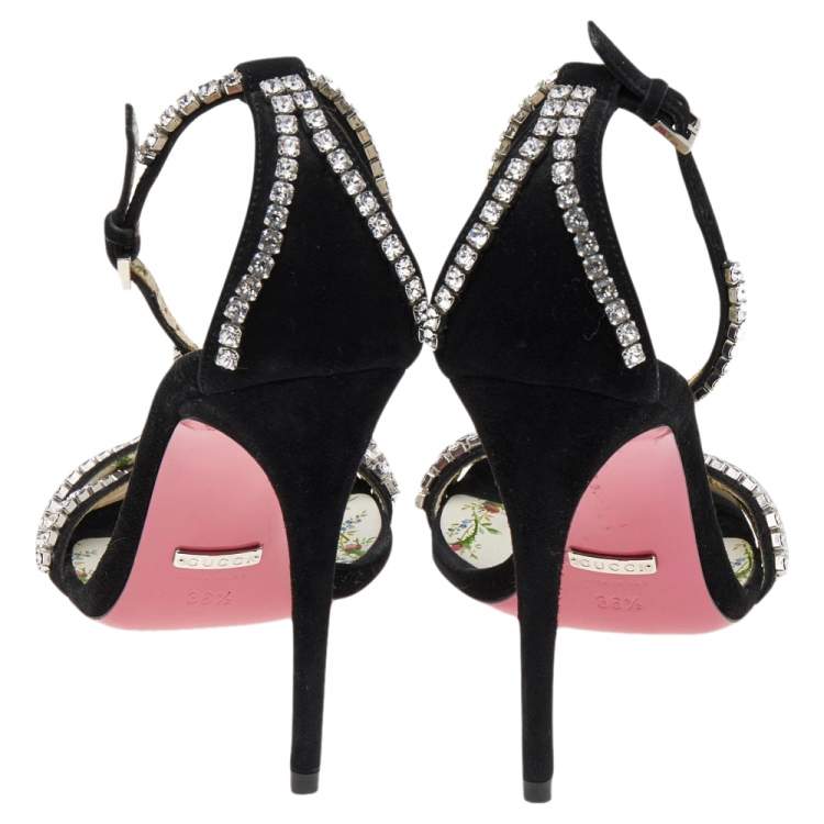 Pre Owned Gucci Black Suede Crystal Embellished Ankle Strap Sandals Size 36.5