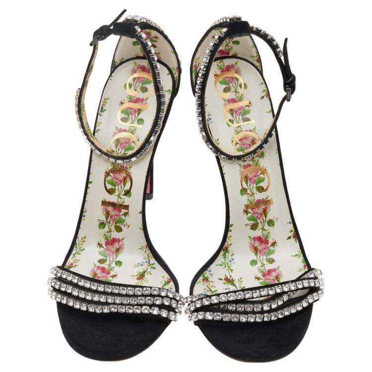Pre Owned Gucci Black Suede Crystal Embellished Ankle Strap Sandals Size 36.5