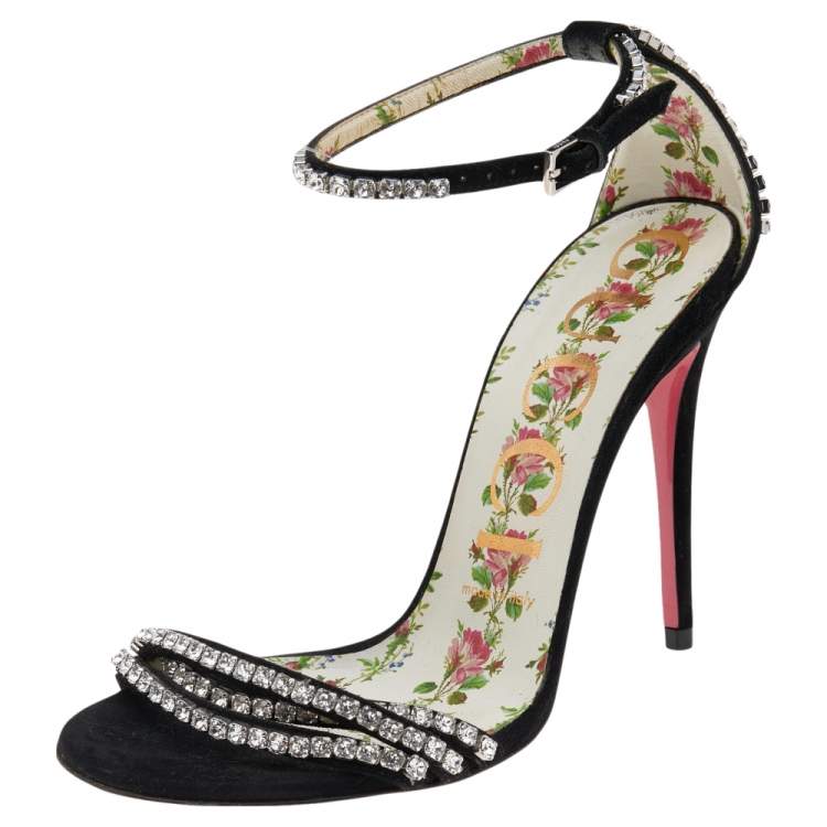 Pre Owned Gucci Black Suede Crystal Embellished Ankle Strap Sandals Size 36.5