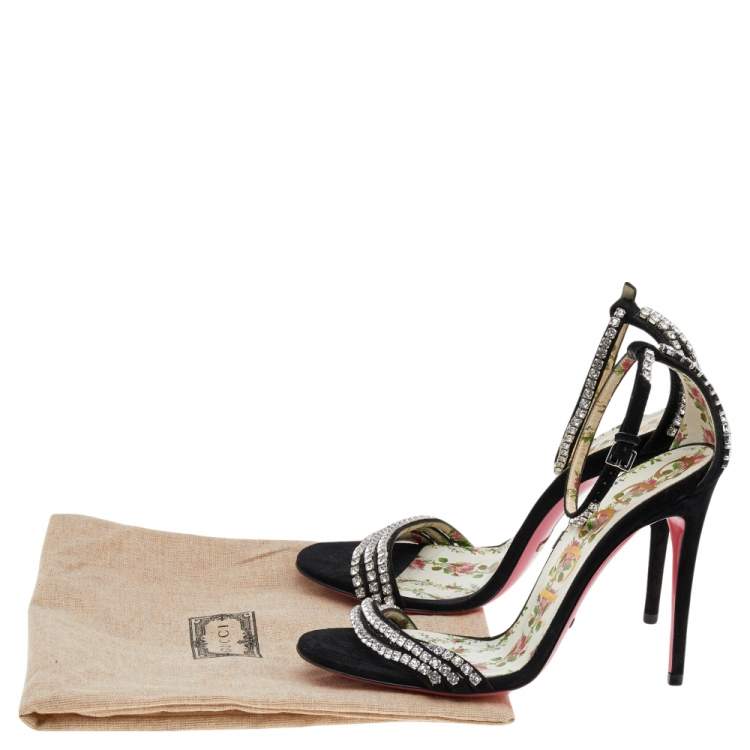 Pre Owned Gucci Black Suede Crystal Embellished Ankle Strap Sandals Size 36.5