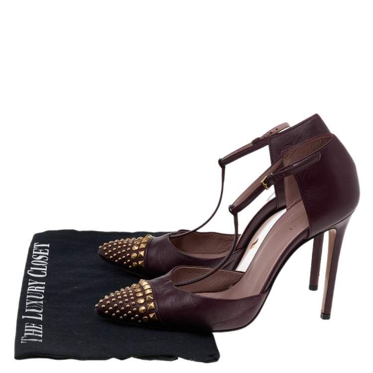Pre Owned Gucci Burgundy Leather Coline Studded T Strap Pumps Size 38