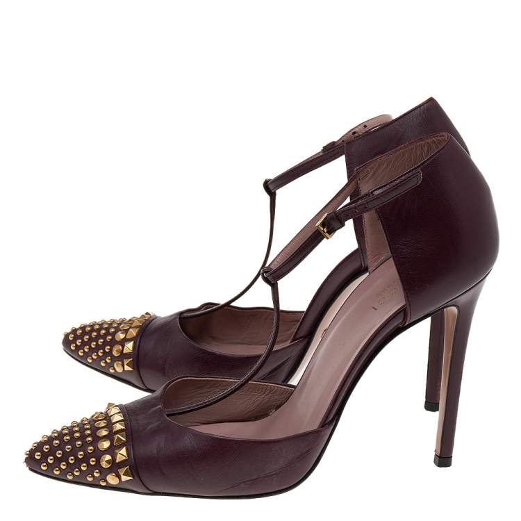 Pre Owned Gucci Burgundy Leather Coline Studded T Strap Pumps Size 38