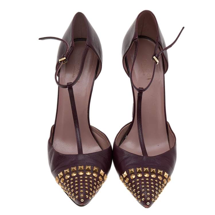 Pre Owned Gucci Burgundy Leather Coline Studded T Strap Pumps Size 38