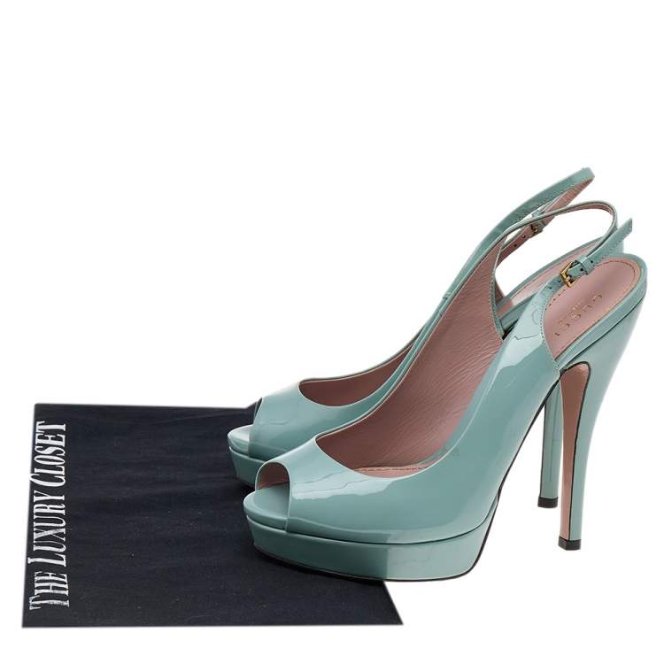 Pre Owned Gucci Green Patent Leather Peep Toe Slingback Sandals Size 37.5