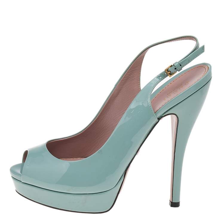 Pre Owned Gucci Green Patent Leather Peep Toe Slingback Sandals Size 37.5