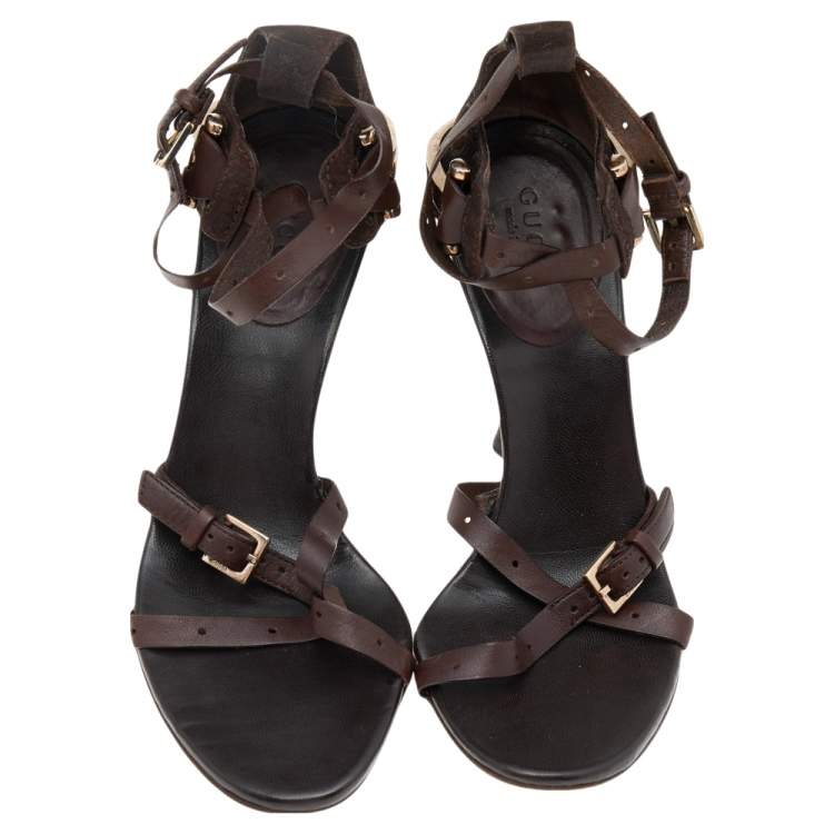 Pre Owned Gucci Brown Guccissima Suede And Leather Ankle Strap Sandals Size 34