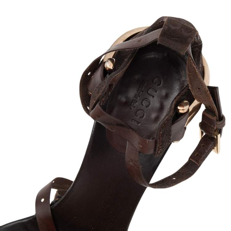 Pre Owned Gucci Brown Guccissima Suede And Leather Ankle Strap Sandals Size 34