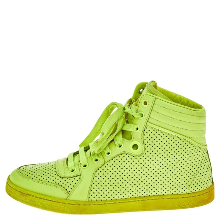 Neon Green Perforated Leather Up High Top Sneakers Size 38.5 Gucci | TLC
