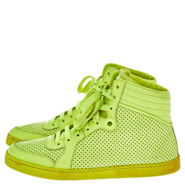 Pre Owned Gucci Neon Green Perforated Leather Lace Up High Top Sneakers Size 38.5