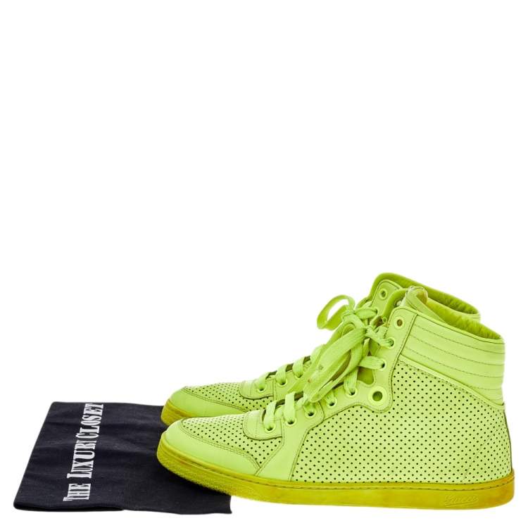 Pre Owned Gucci Neon Green Perforated Leather Lace Up High Top Sneakers Size 38.5