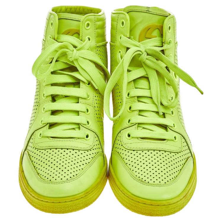 Pre Owned Gucci Neon Green Perforated Leather Lace Up High Top Sneakers Size 38.5
