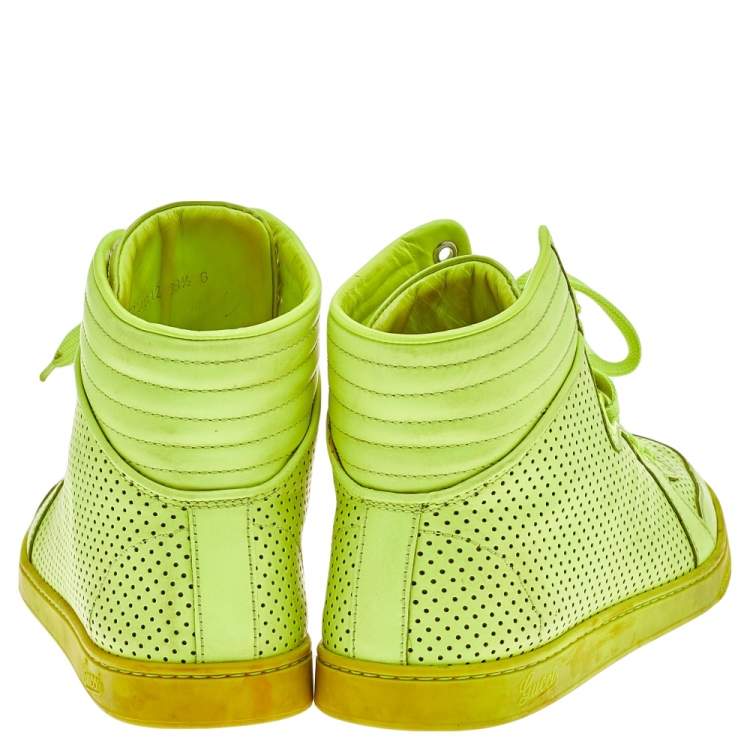 Pre Owned Gucci Neon Green Perforated Leather Lace Up High Top Sneakers Size 38.5