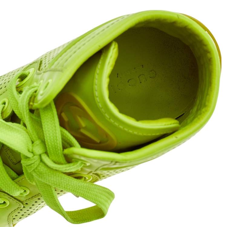 Pre Owned Gucci Neon Green Perforated Leather Lace Up High Top Sneakers Size 38.5