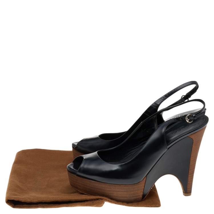 Pre Owned Gucci Black Leather Peep Toe Slingback Wedge Sandals Size 37