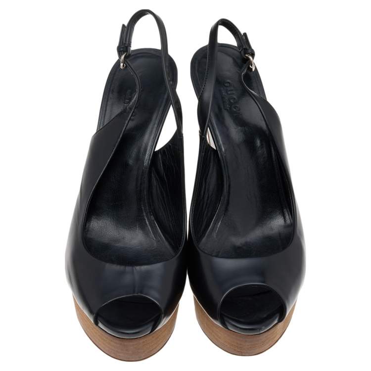 Pre Owned Gucci Black Leather Peep Toe Slingback Wedge Sandals Size 37