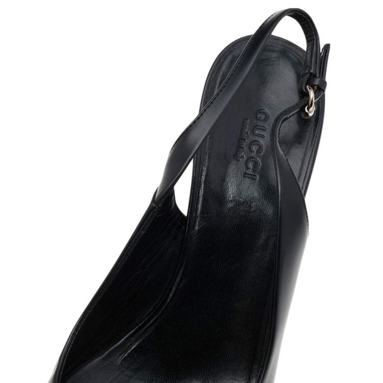 Pre Owned Gucci Black Leather Peep Toe Slingback Wedge Sandals Size 37