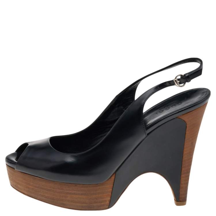 Pre Owned Gucci Black Leather Peep Toe Slingback Wedge Sandals Size 37