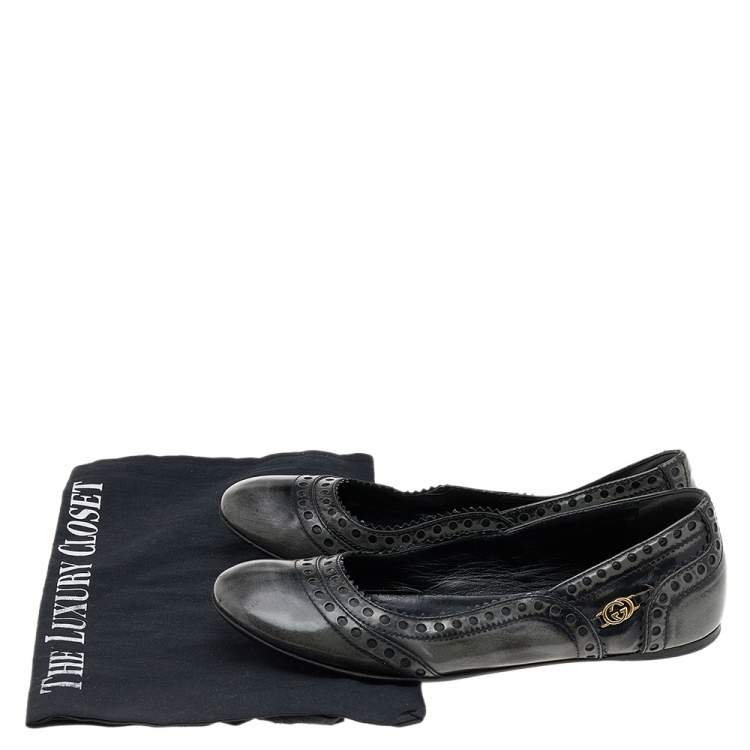 Pre Owned Gucci Black/Grey Brogue Leather Ballet Flats Size 35.5