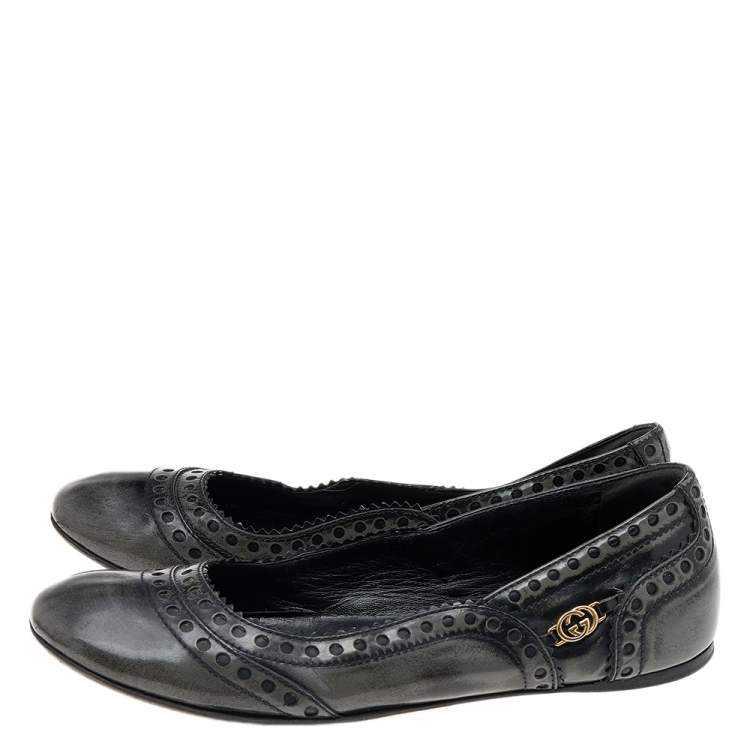 Pre Owned Gucci Black/Grey Brogue Leather Ballet Flats Size 35.5