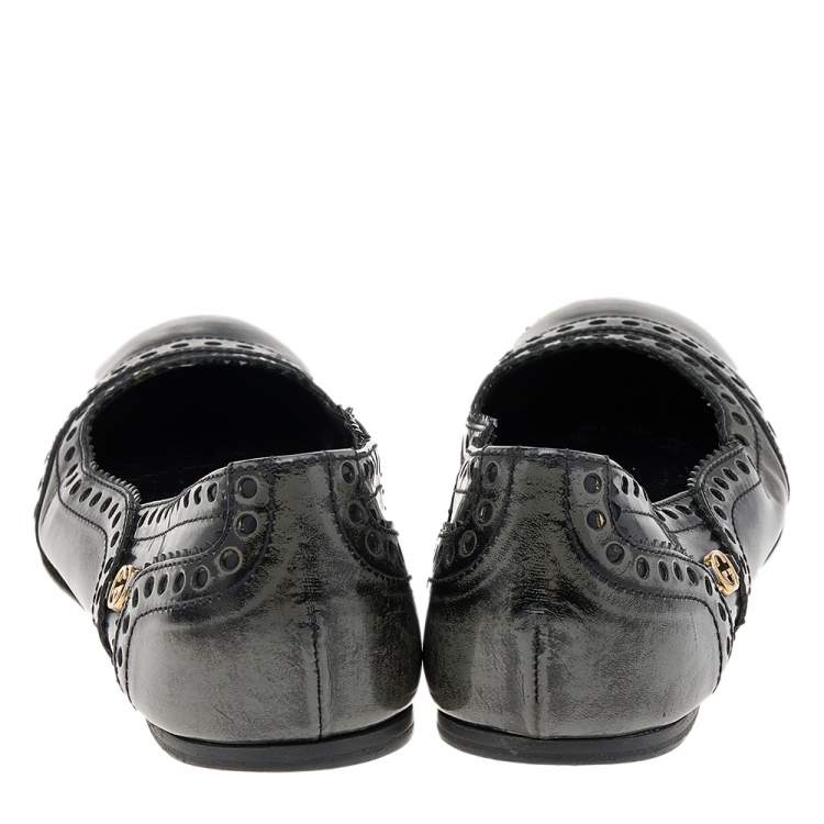 Pre Owned Gucci Black/Grey Brogue Leather Ballet Flats Size 35.5