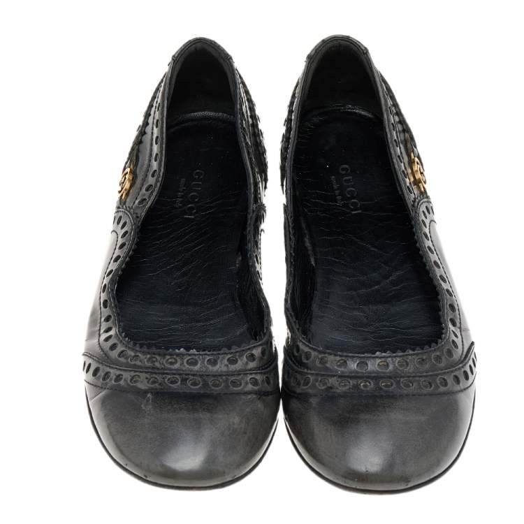 Pre Owned Gucci Black/Grey Brogue Leather Ballet Flats Size 35.5