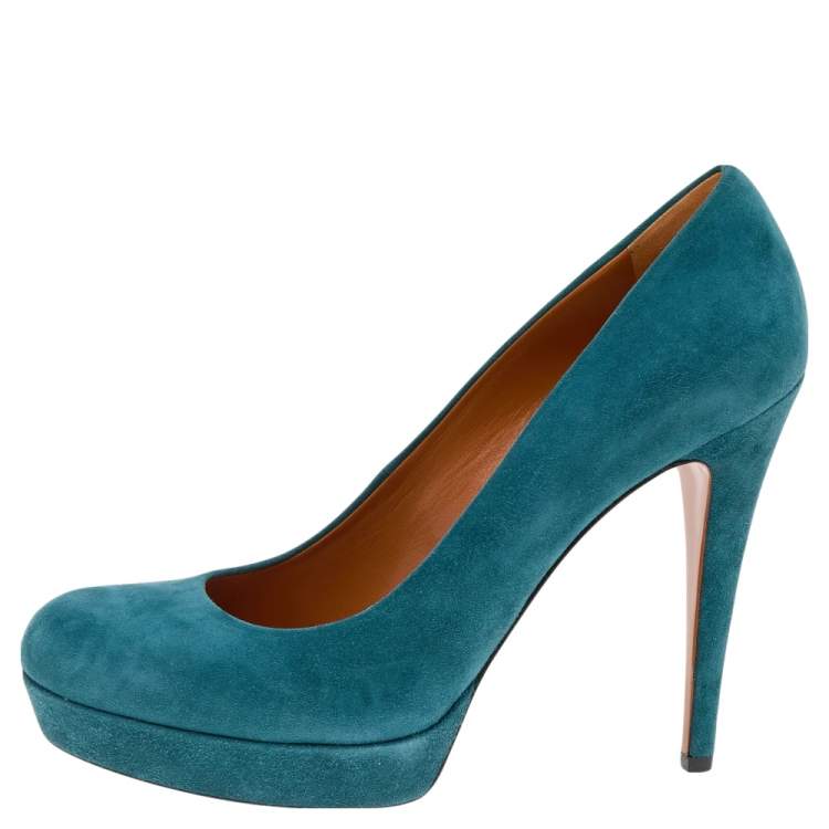 Pre Owned Gucci Teal Blue Suede Platform Pumps Size 40