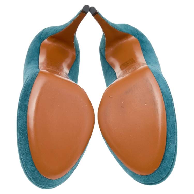 Pre Owned Gucci Teal Blue Suede Platform Pumps Size 40