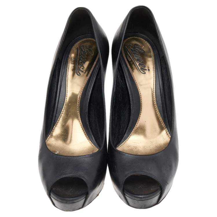 Pre Owned Gucci Black Leather Peep Toe Platform Pumps Size 40