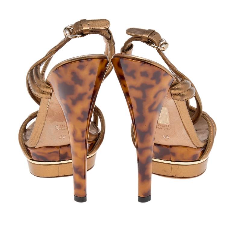 Pre Owned Gucci Gold Leather Platform Ankle Strap Sandals Size 38
