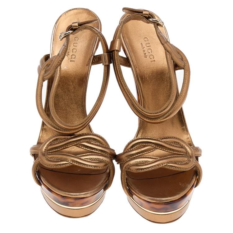 Pre Owned Gucci Gold Leather Platform Ankle Strap Sandals Size 38