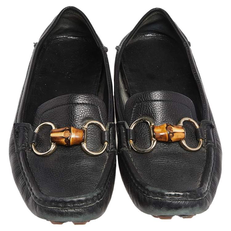Pre Owned Gucci Black Leather Bamboo Horsebit  Driving Loafers Size 38