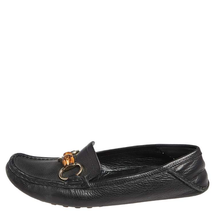 Pre Owned Gucci Black Leather Bamboo Horsebit  Driving Loafers Size 38