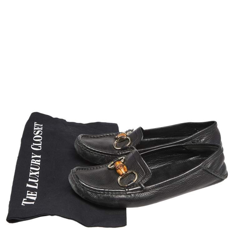Pre Owned Gucci Black Leather Bamboo Horsebit  Driving Loafers Size 38