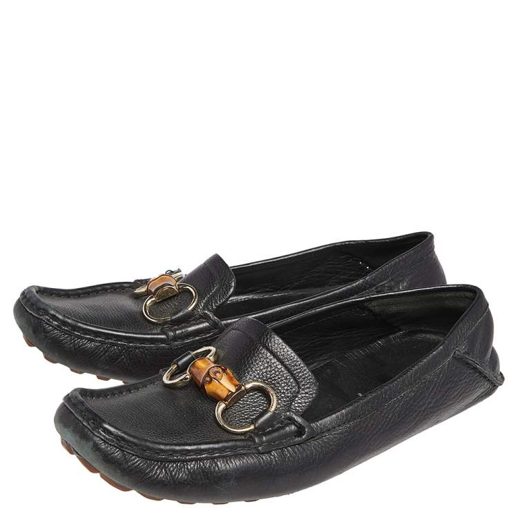 Pre Owned Gucci Black Leather Bamboo Horsebit  Driving Loafers Size 38