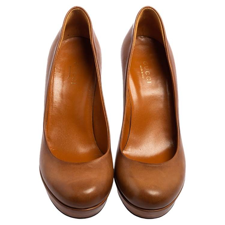 Pre Owned Gucci Brown Leather Round Toe Platform Pumps Size 36.5