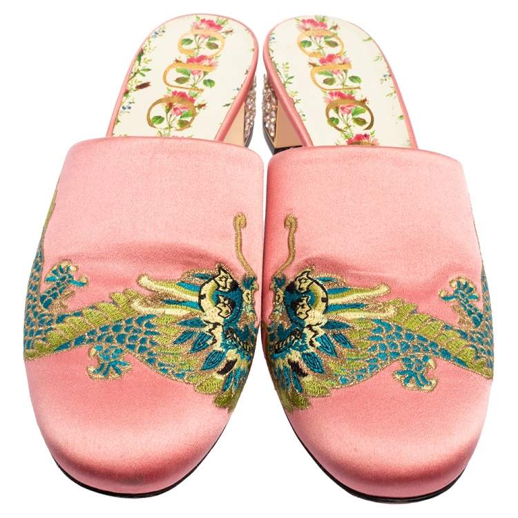 Pre Owned Gucci Pink Satin Dragon Embroidery Slide Sandals Size 38