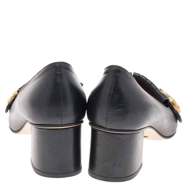 Gucci Black Leather GG Marmont Fringe Block Heel Pumps Size 39