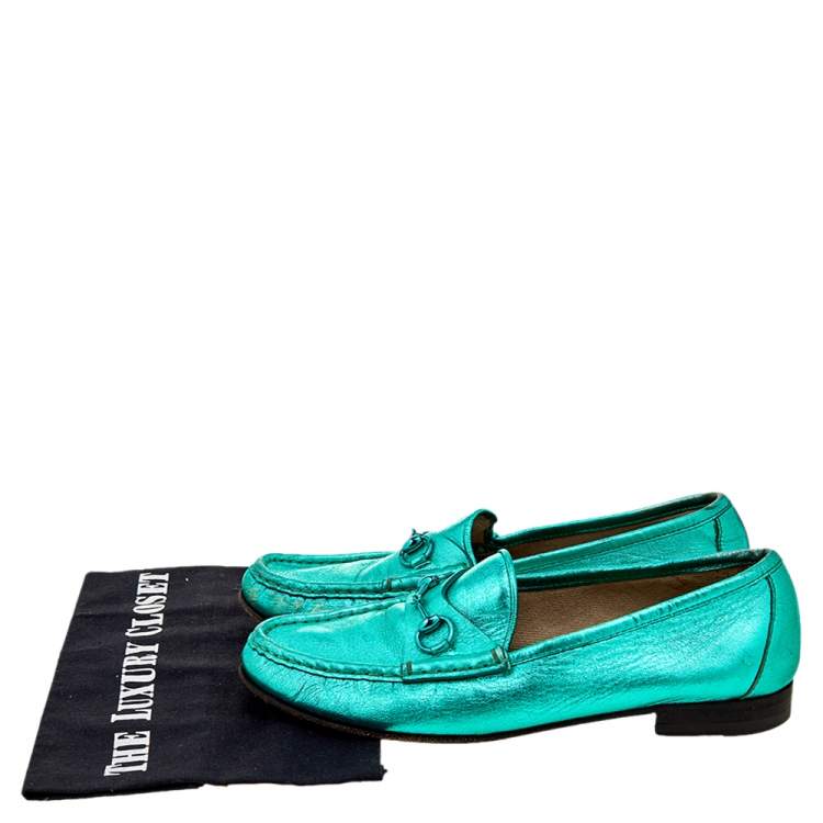 Pre Owned Gucci Metallic Green Leather Horsebit Slip On Loafers Size 38