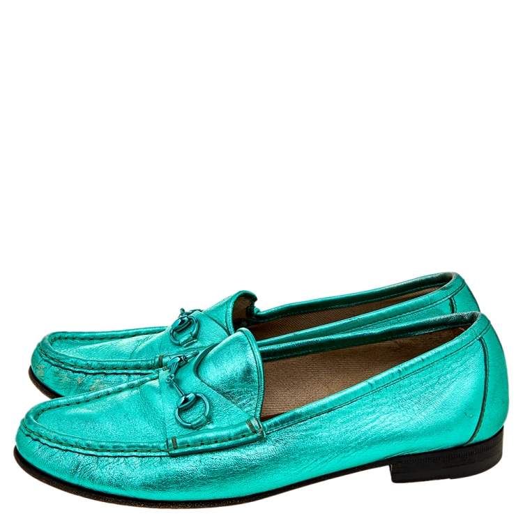 Pre Owned Gucci Metallic Green Leather Horsebit Slip On Loafers Size 38