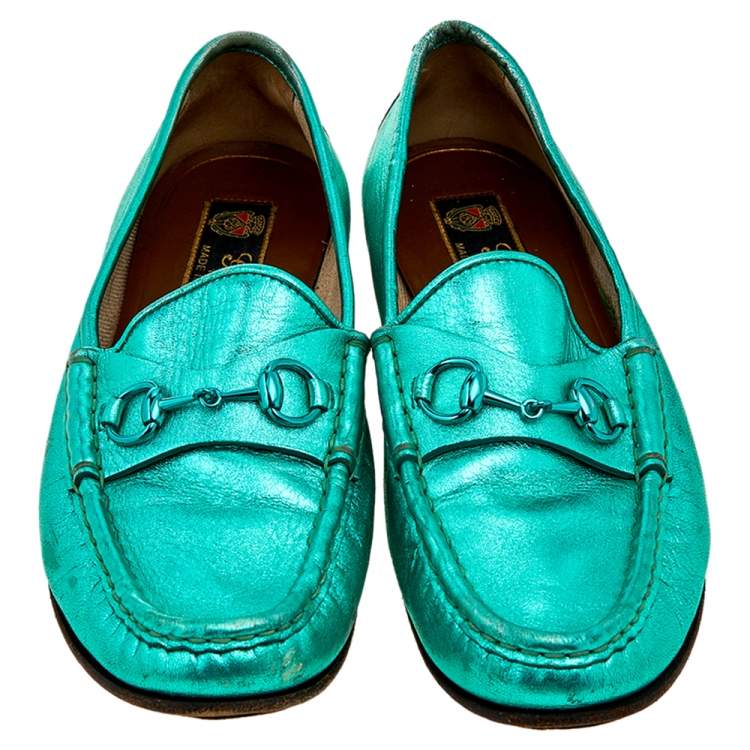 Pre Owned Gucci Metallic Green Leather Horsebit Slip On Loafers Size 38
