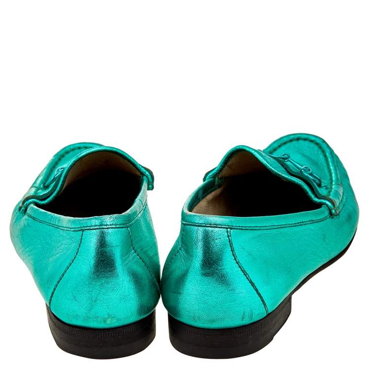 Pre Owned Gucci Metallic Green Leather Horsebit Slip On Loafers Size 38