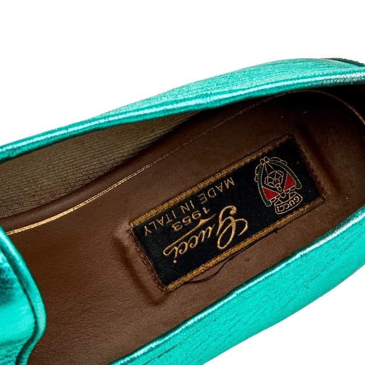 Pre Owned Gucci Metallic Green Leather Horsebit Slip On Loafers Size 38