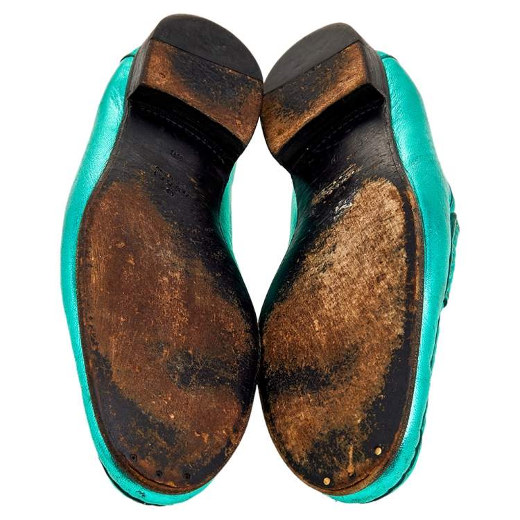Pre Owned Gucci Metallic Green Leather Horsebit Slip On Loafers Size 38