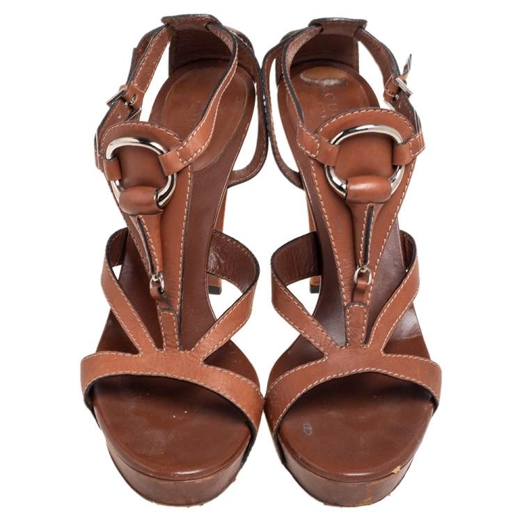 Pre Owned Gucci Brown Leather Icon Bit Ankle-Strap Platform Sandals Size 39