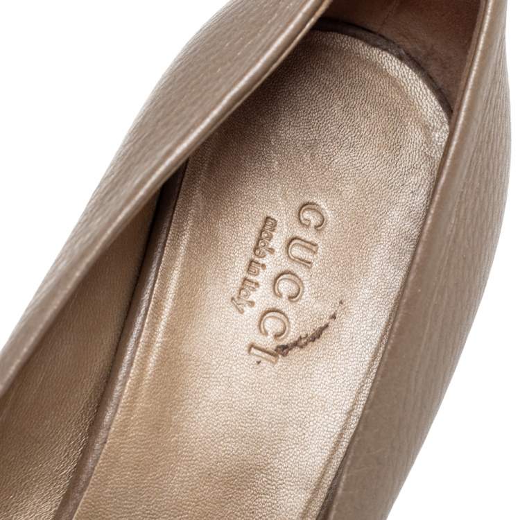Pre Owned Gucci Metallic Bronze  Leather Horsebit Peep Toe Pumps Size 36