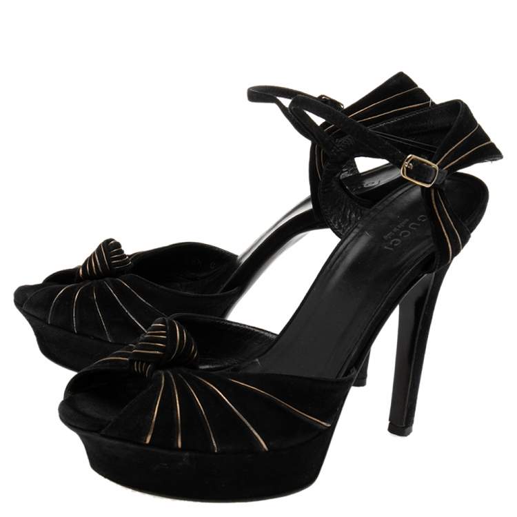 Pre Owned Gucci Black Suede Knot Detail Peep Toe Platform Sandals Size 38.5