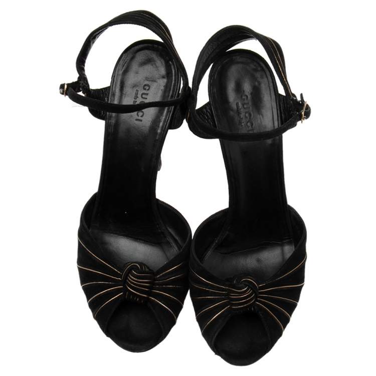 Pre Owned Gucci Black Suede Knot Detail Peep Toe Platform Sandals Size 38.5